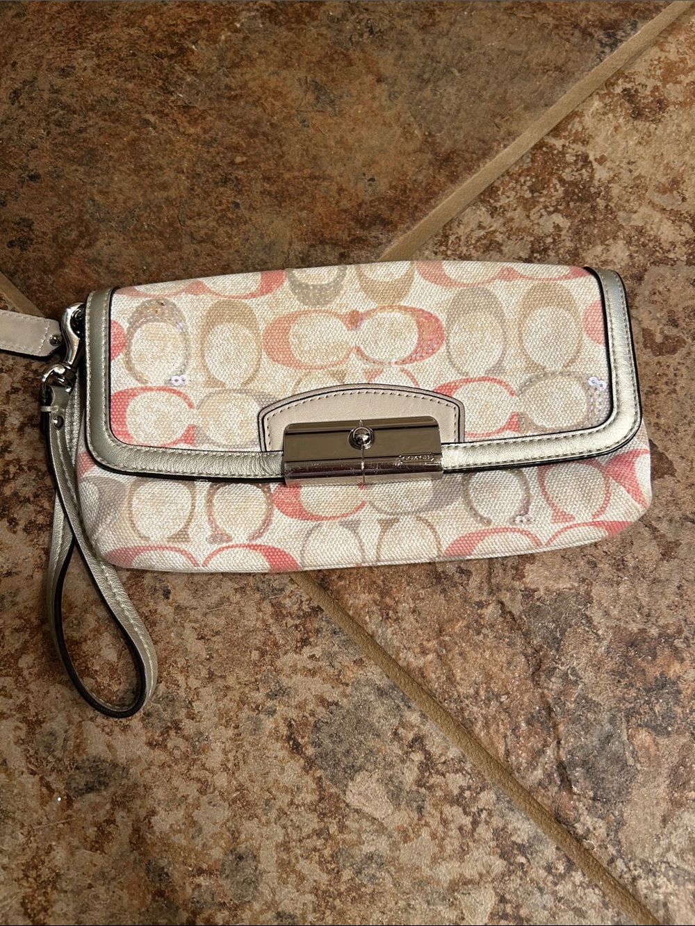Coach Canvas Wristlet in Neutral and Pink with Metallic Trim